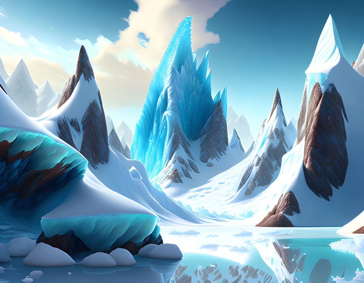 Tranquil snowy mountains and ice structures in serene landscape