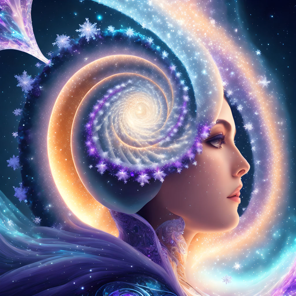 Surreal portrait of woman with galaxy swirling around her head