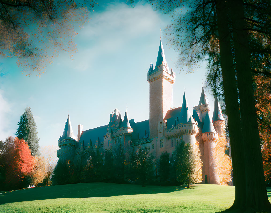 Castle with multiple spires in lush green landscape under blue sky and autumnal trees.