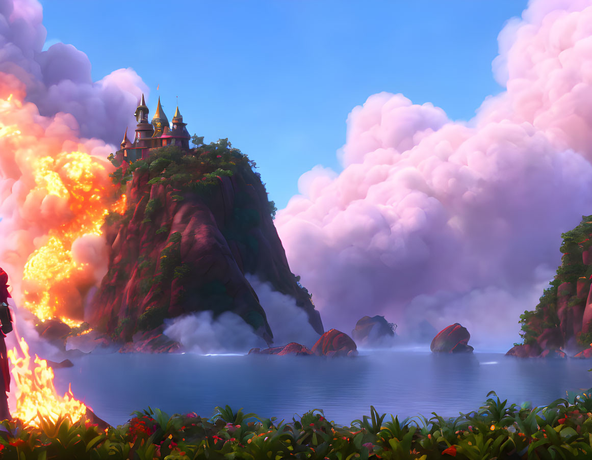 Majestic castle on cliff with lush greenery and erupting volcano