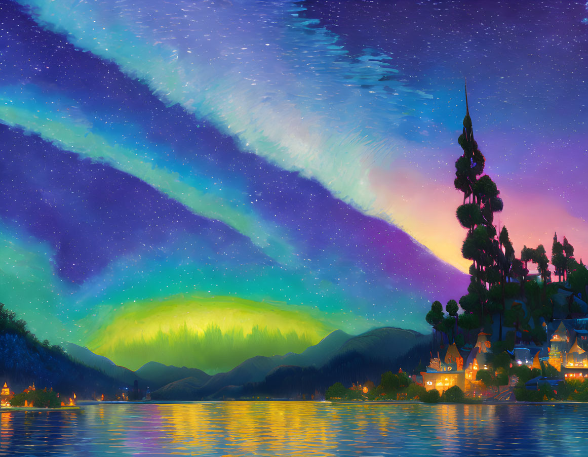 Scenic lakeside village at night with colorful aurora sky