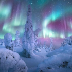 Nighttime Arctic Landscape: Aurora Borealis over Snowy Mountains