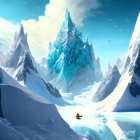 Tranquil snowy mountains and ice structures in serene landscape