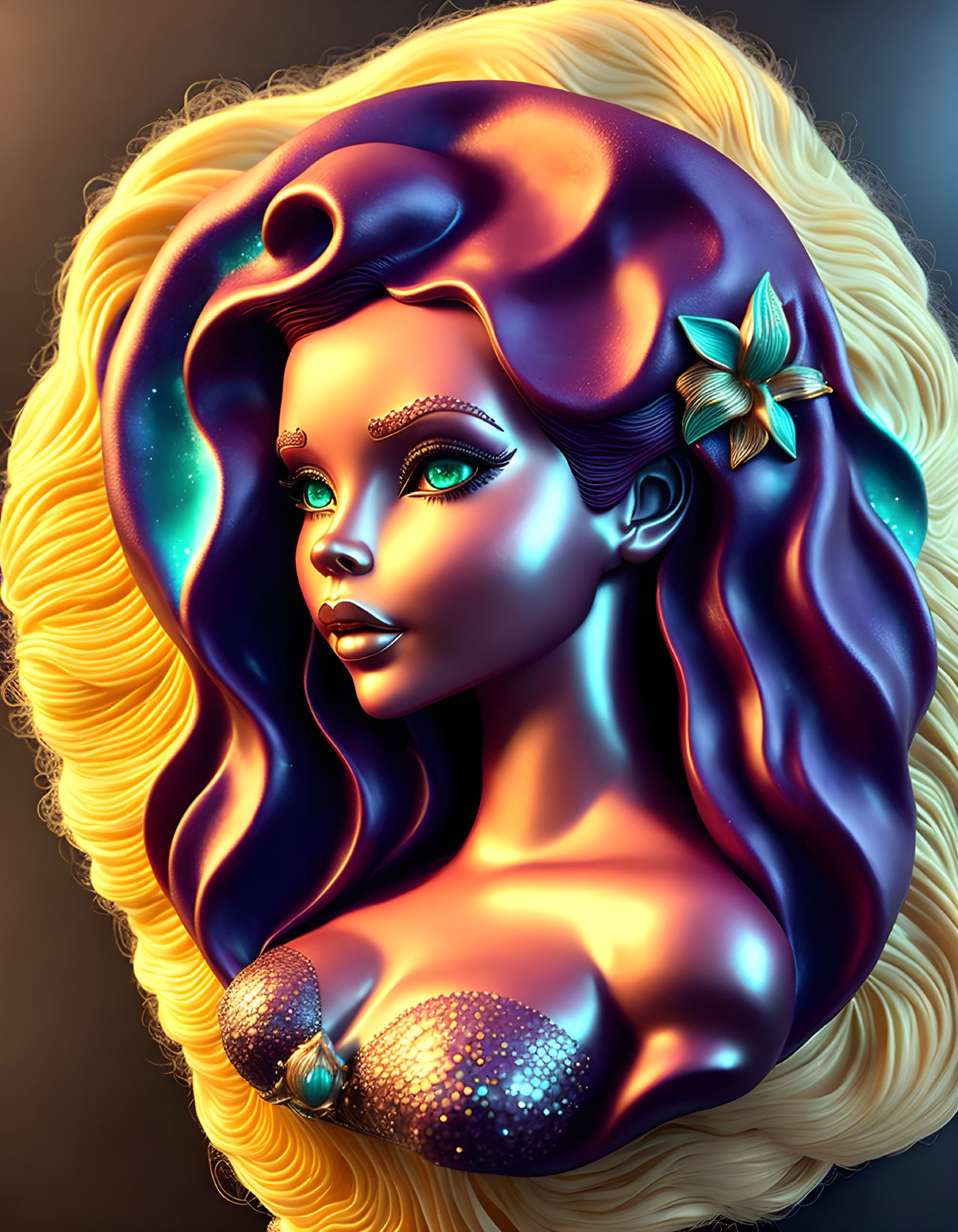 Colorful digital artwork: woman with cosmic skin, wavy dark to gold hair, butterfly accessory