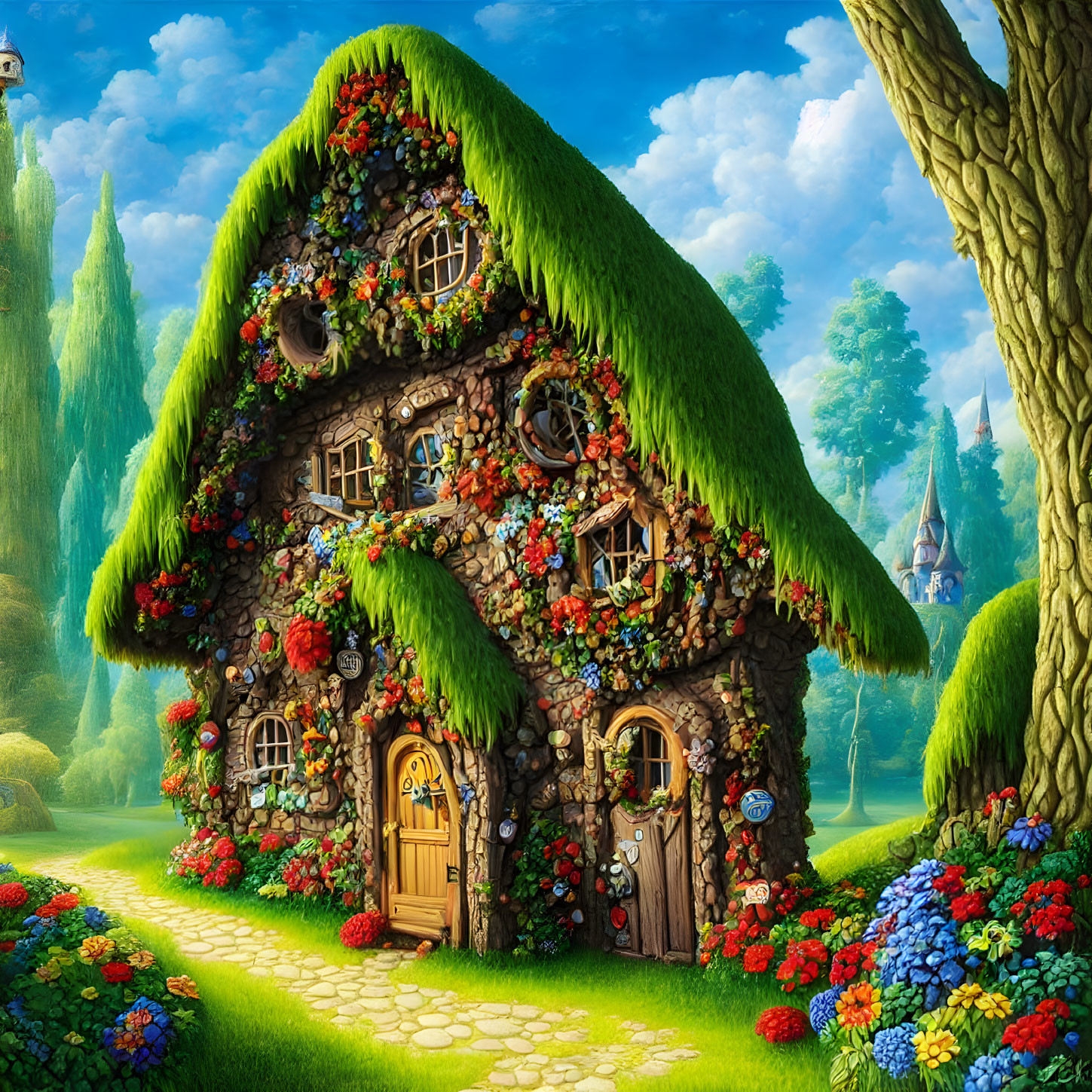 Enchanting cottage surrounded by vibrant flowers in magical forest