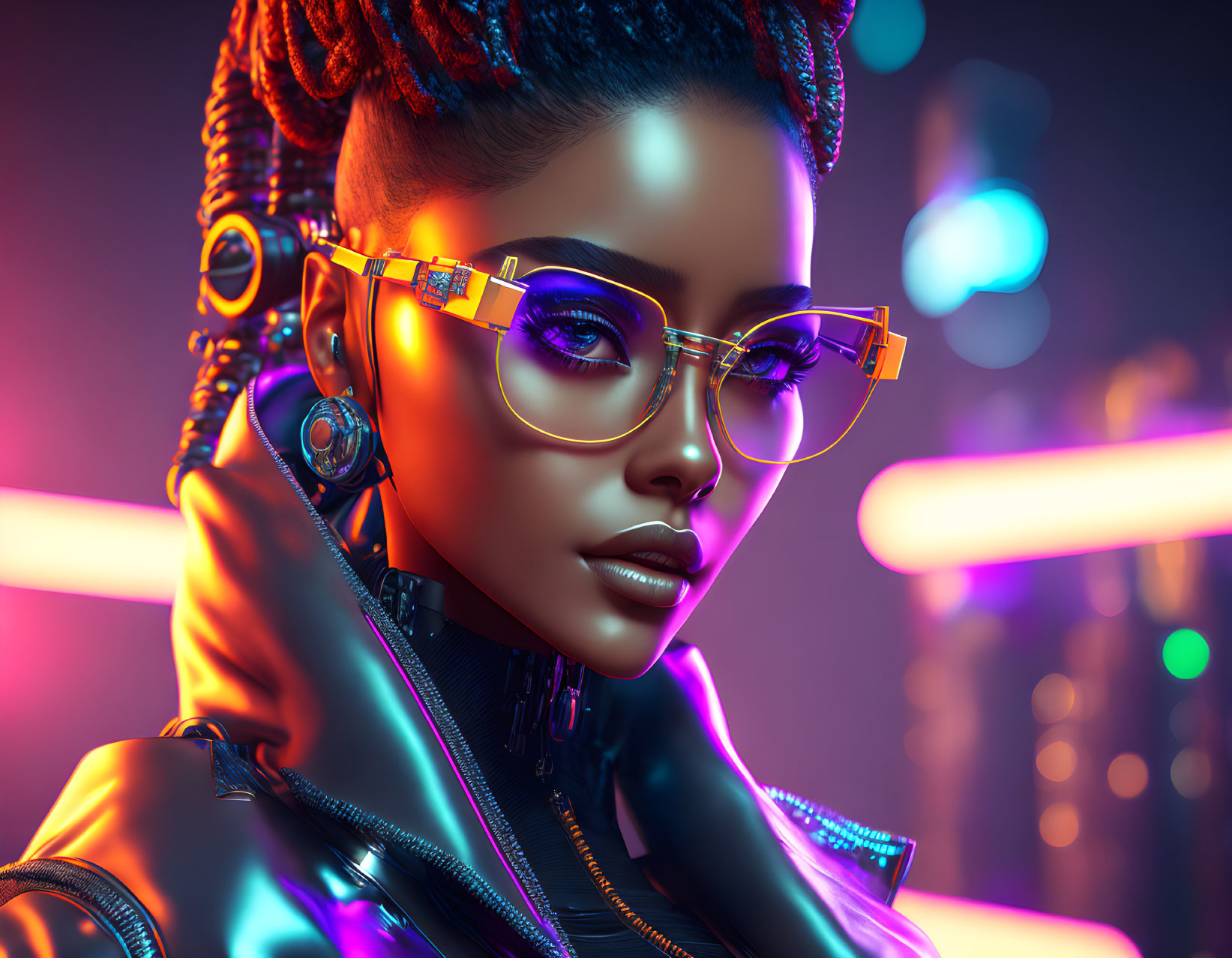 Futuristic woman with braided hair and stylish glasses in cyberpunk setting