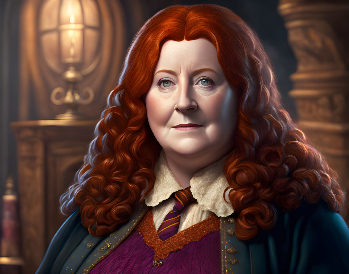 Detailed digital portrait of woman with curly red hair in green jacket and purple shirt against classic interior.