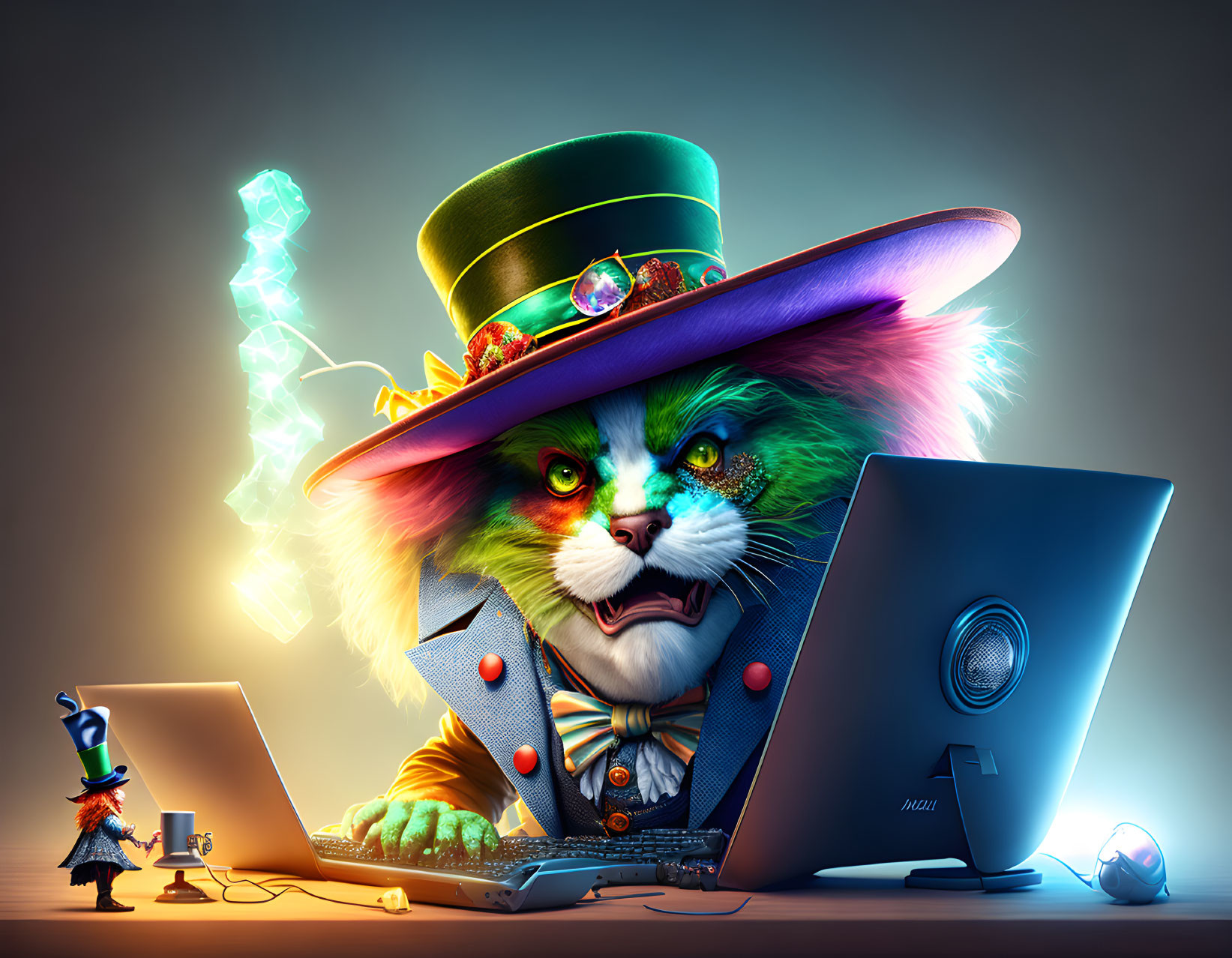 Whimsical cat magician with laptop and magical items