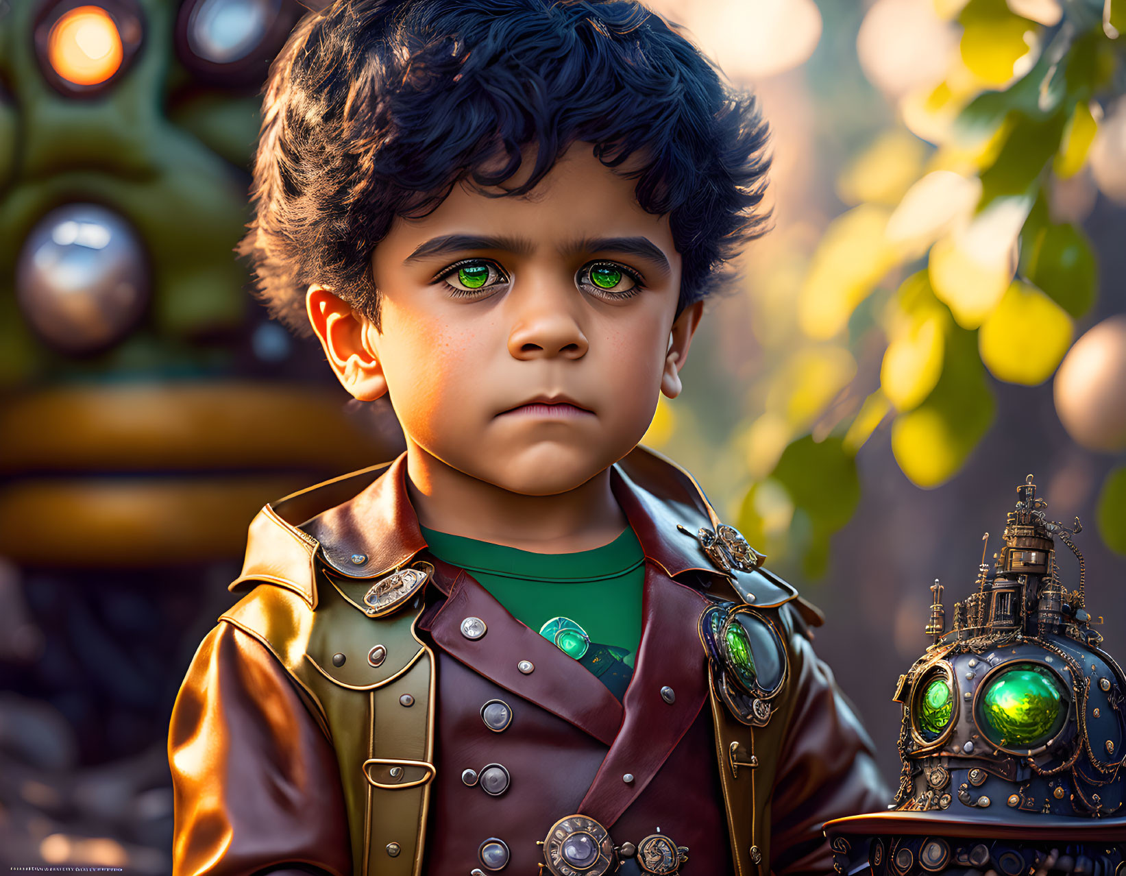 Young Child in Steampunk Outfit with Bronze Robots