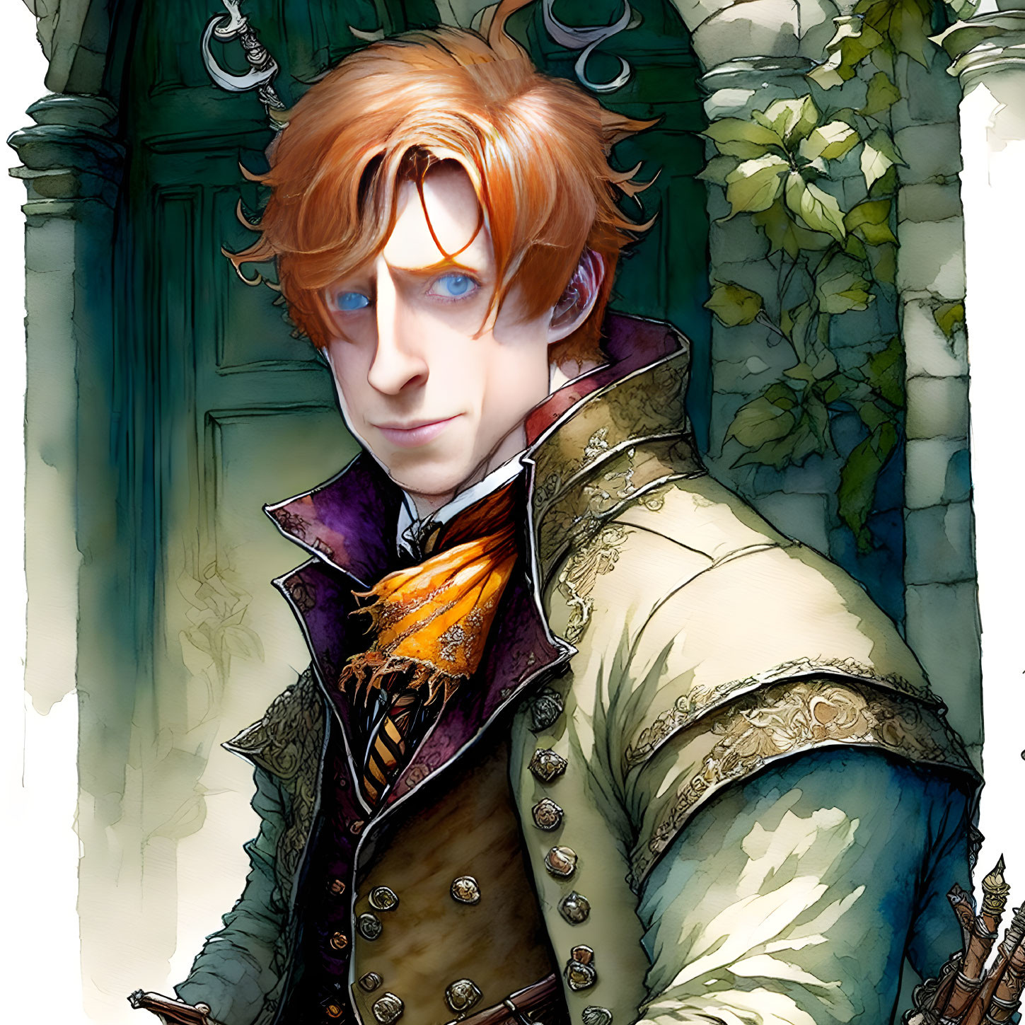 Illustrated character with orange hair and blue eyes in vintage outfit with cravat against ornate door