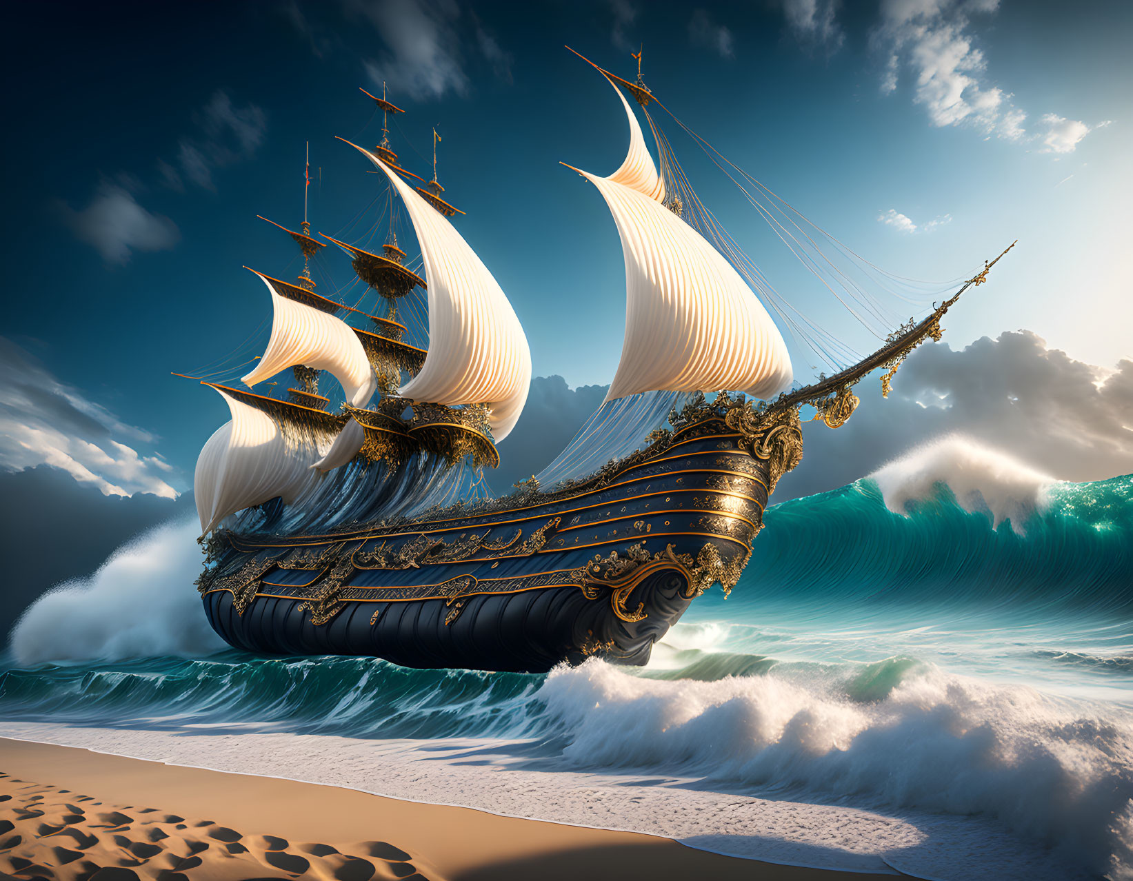 Majestic sailing ship with white sails near sandy shore and blue waves