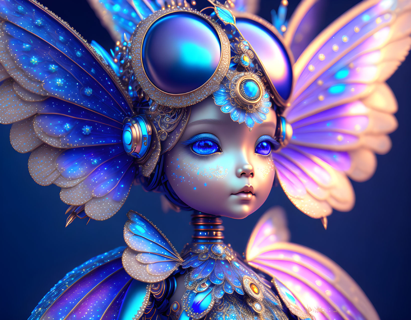 Fantastical character with blue skin and butterfly wings