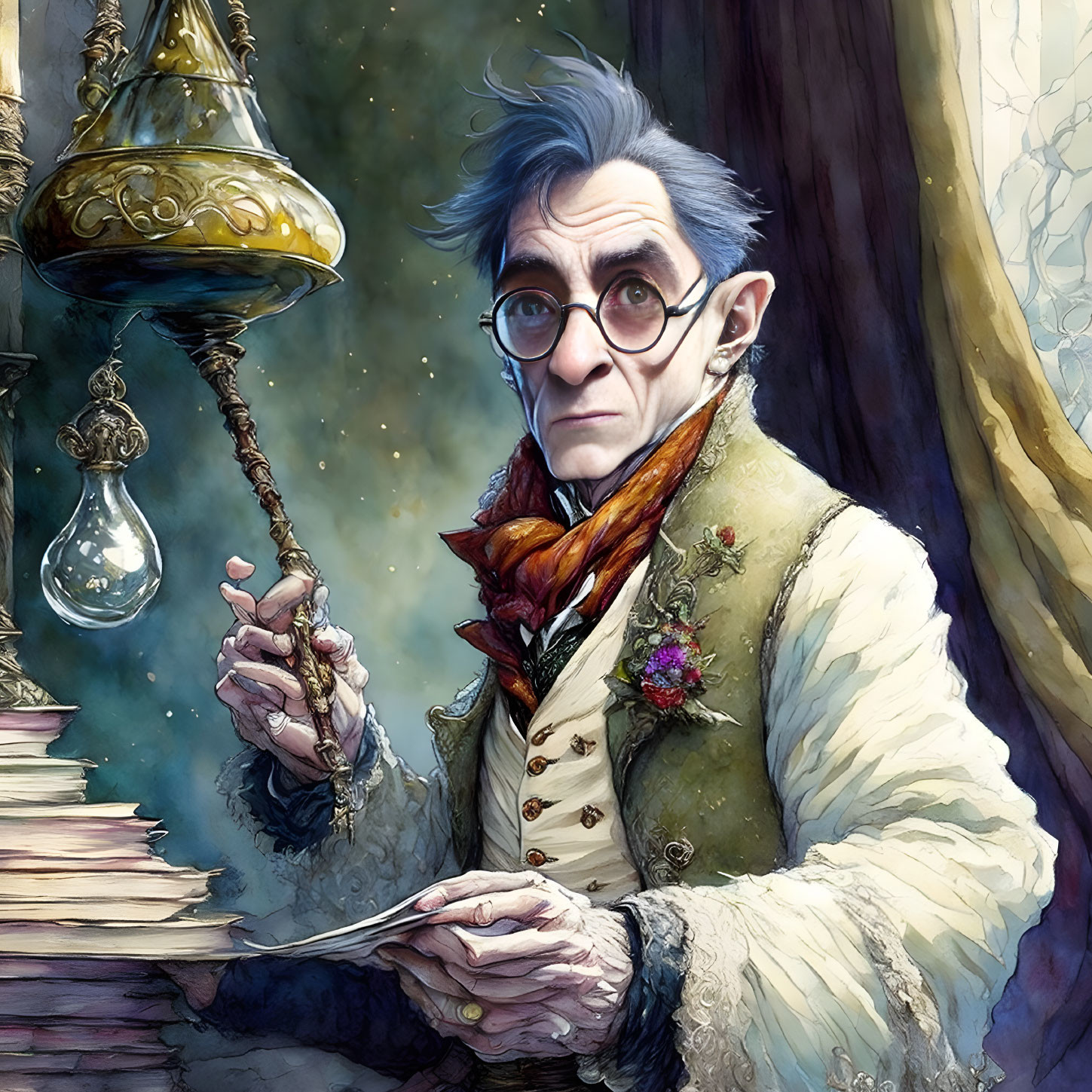 Elderly man with glasses holding wand and book near hanging lamp