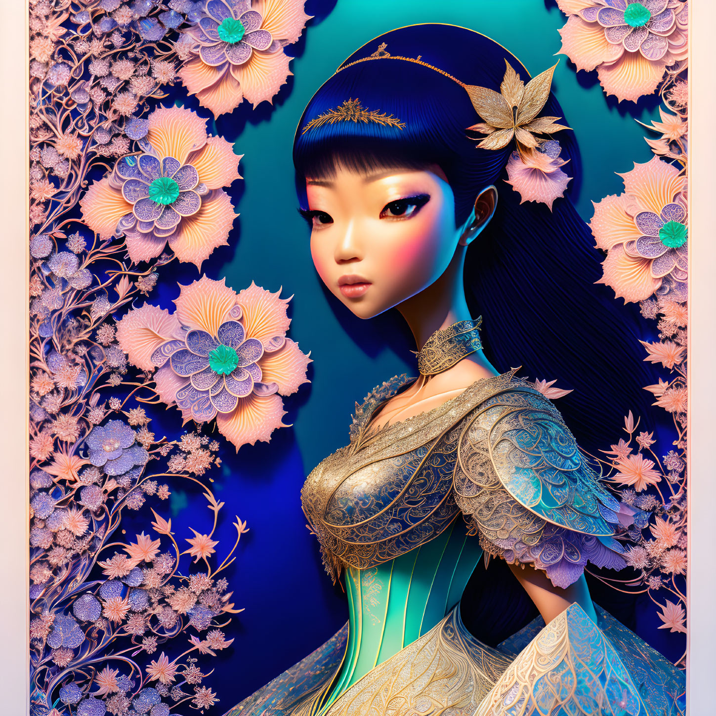 Stylized Asian woman portrait among ornate pastel flora in elegant attire