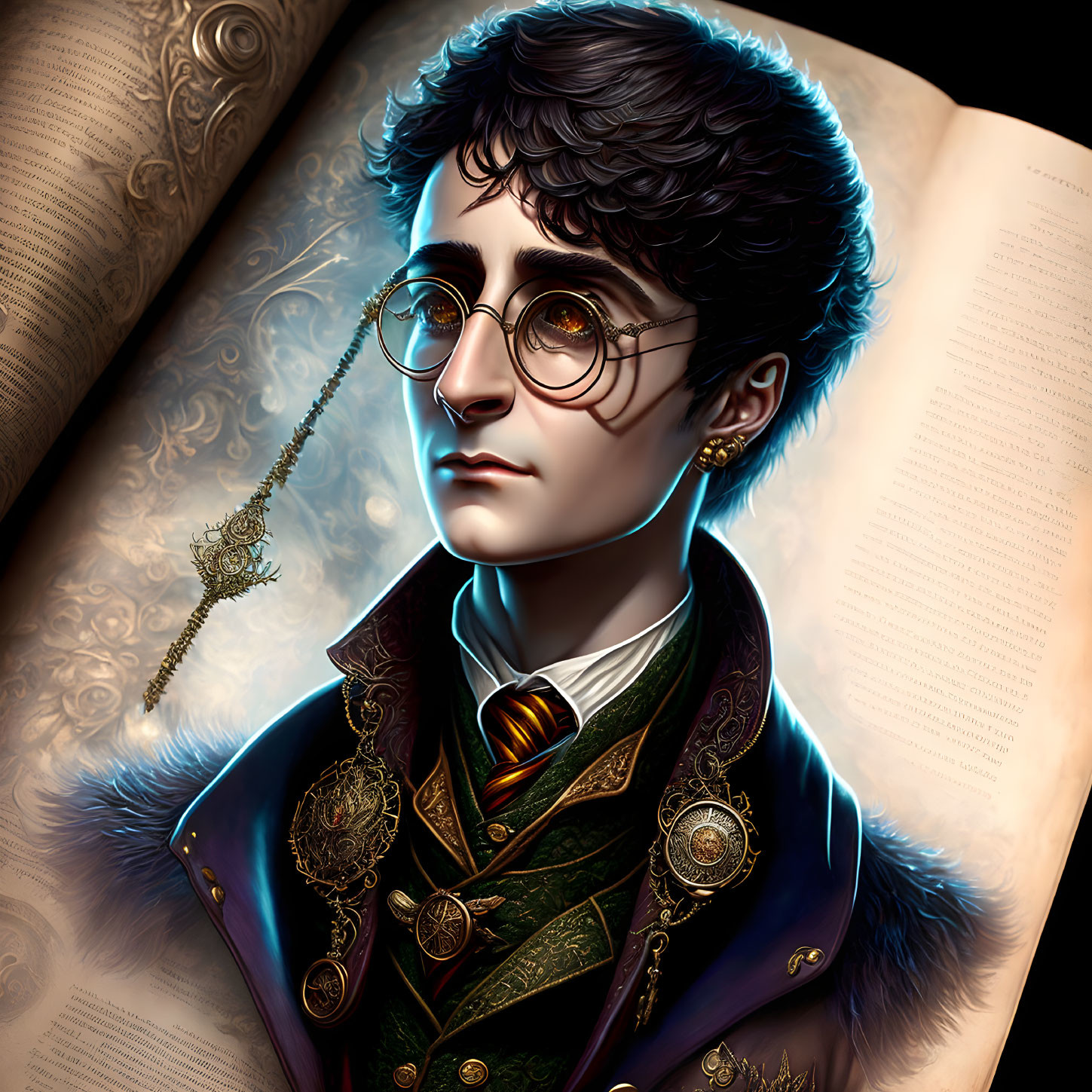 Young male with round glasses in ornate jacket and wand against open book background.