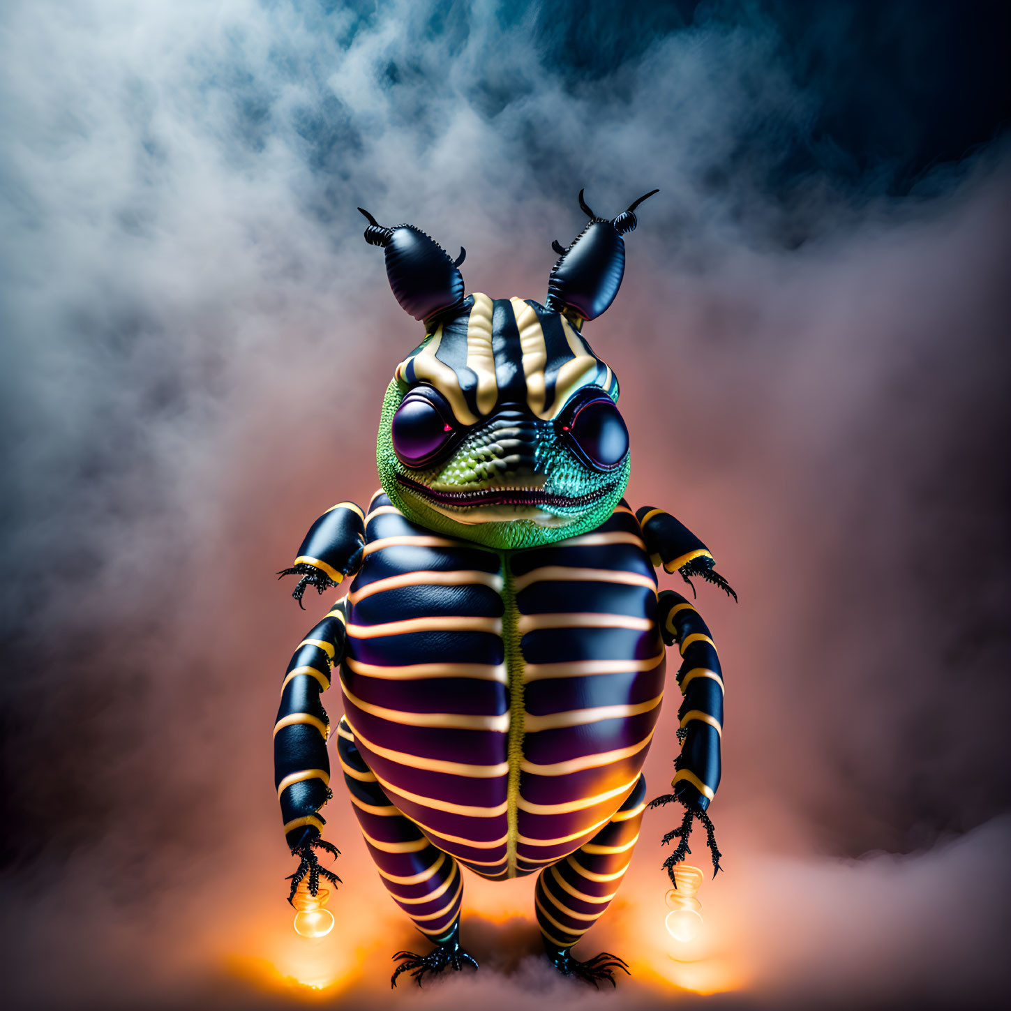 Surreal anthropomorphic insect with glowing eyes in misty setting