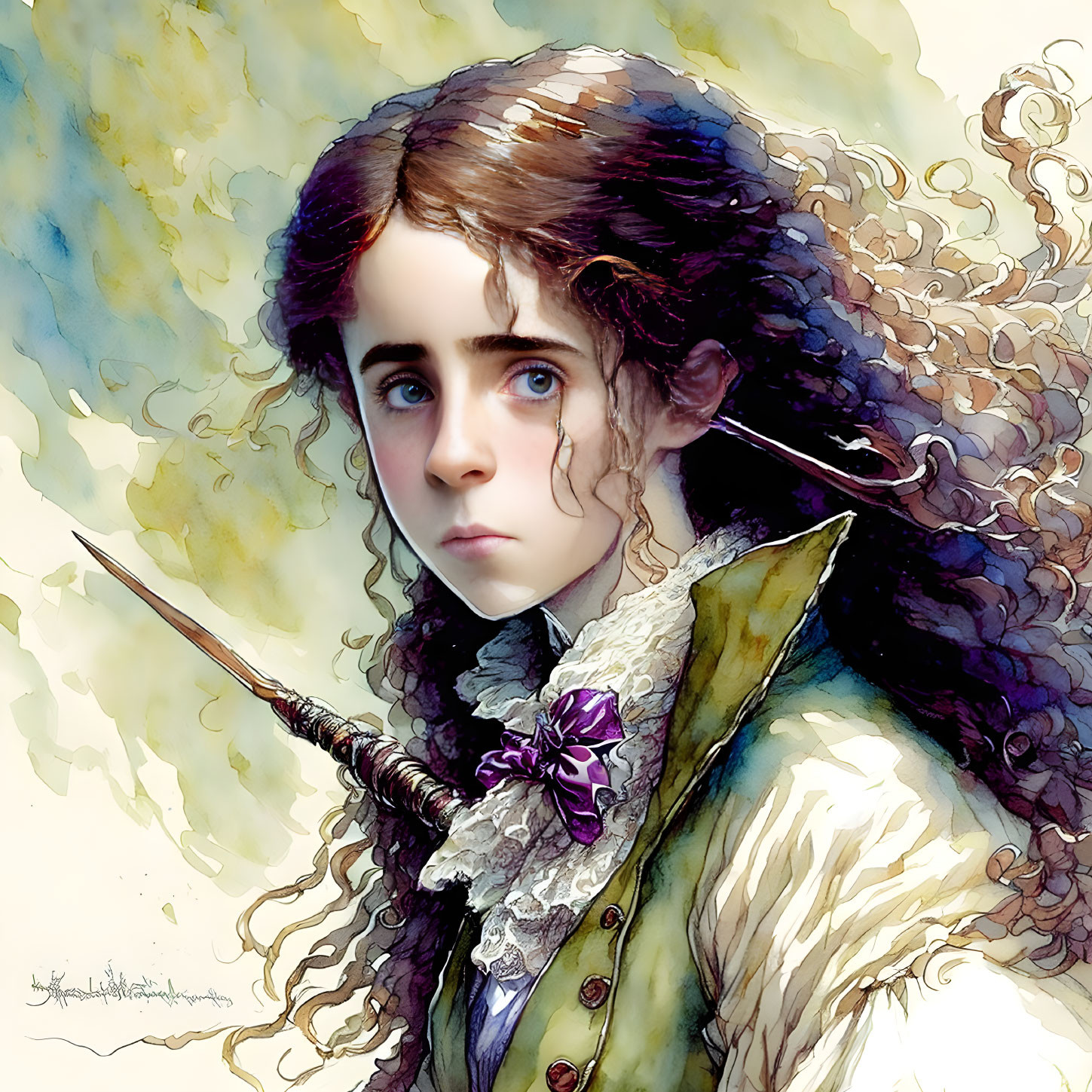 Young elf with curly hair and spear on watercolor background.