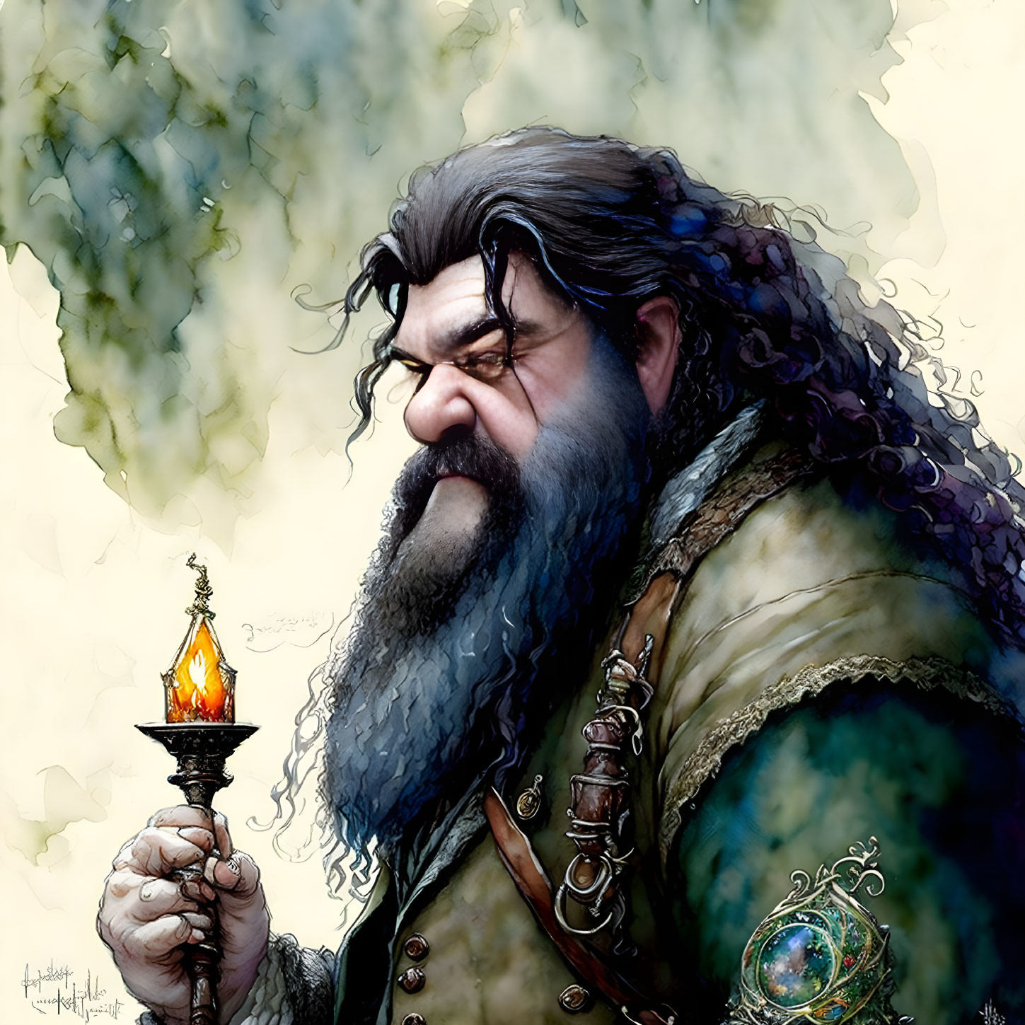 Fantasy dwarf character with lantern, beard, green cloak, and armor