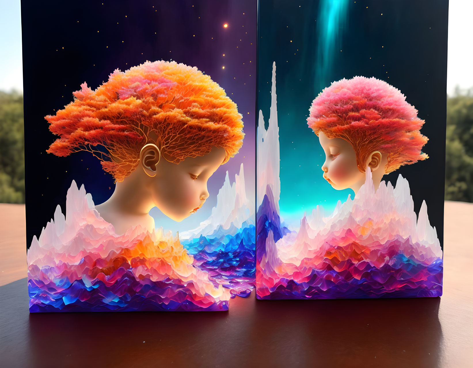 Vibrant canvas paintings of child with fiery nebula hair against day-night backdrops