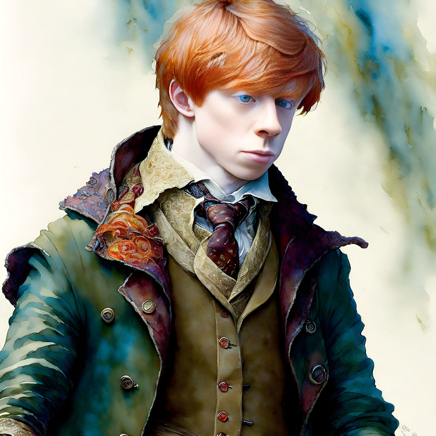 Red-Haired Young Man in Vintage Green Jacket and Scarf