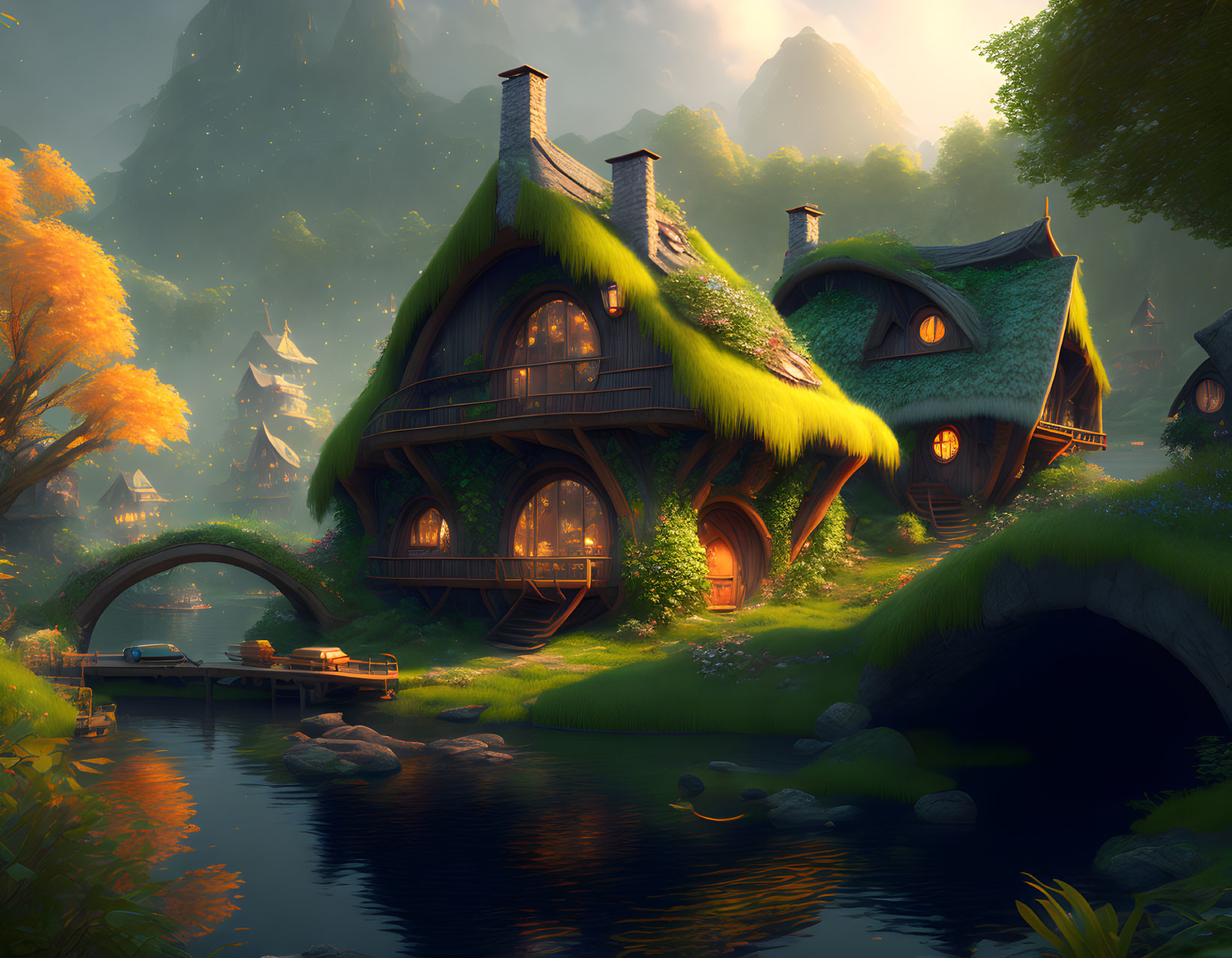 Charming Thatched-Roof Cottages in Fantasy Landscape