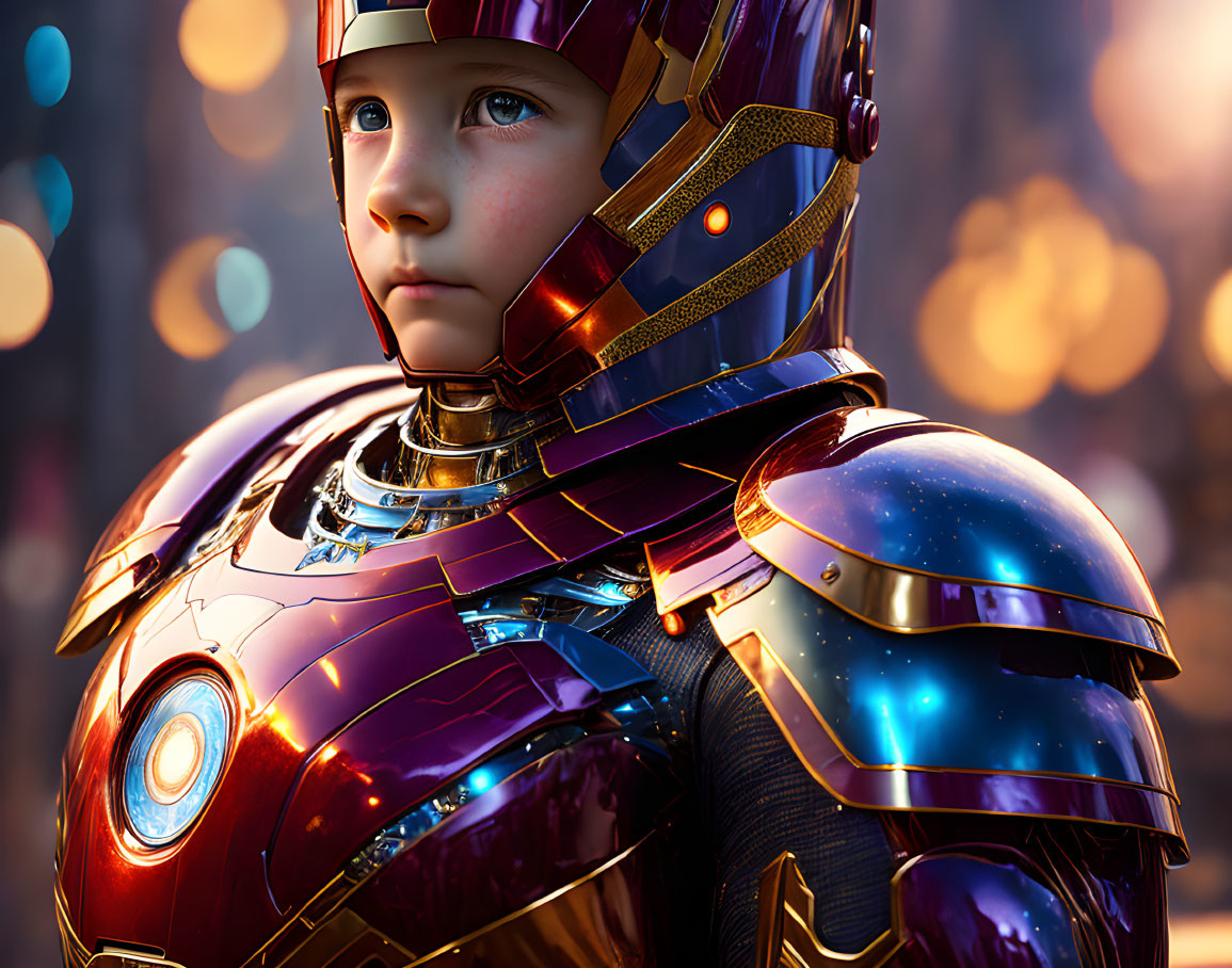 Child in Detailed Futuristic Armor Helmet Gazing Thoughtfully