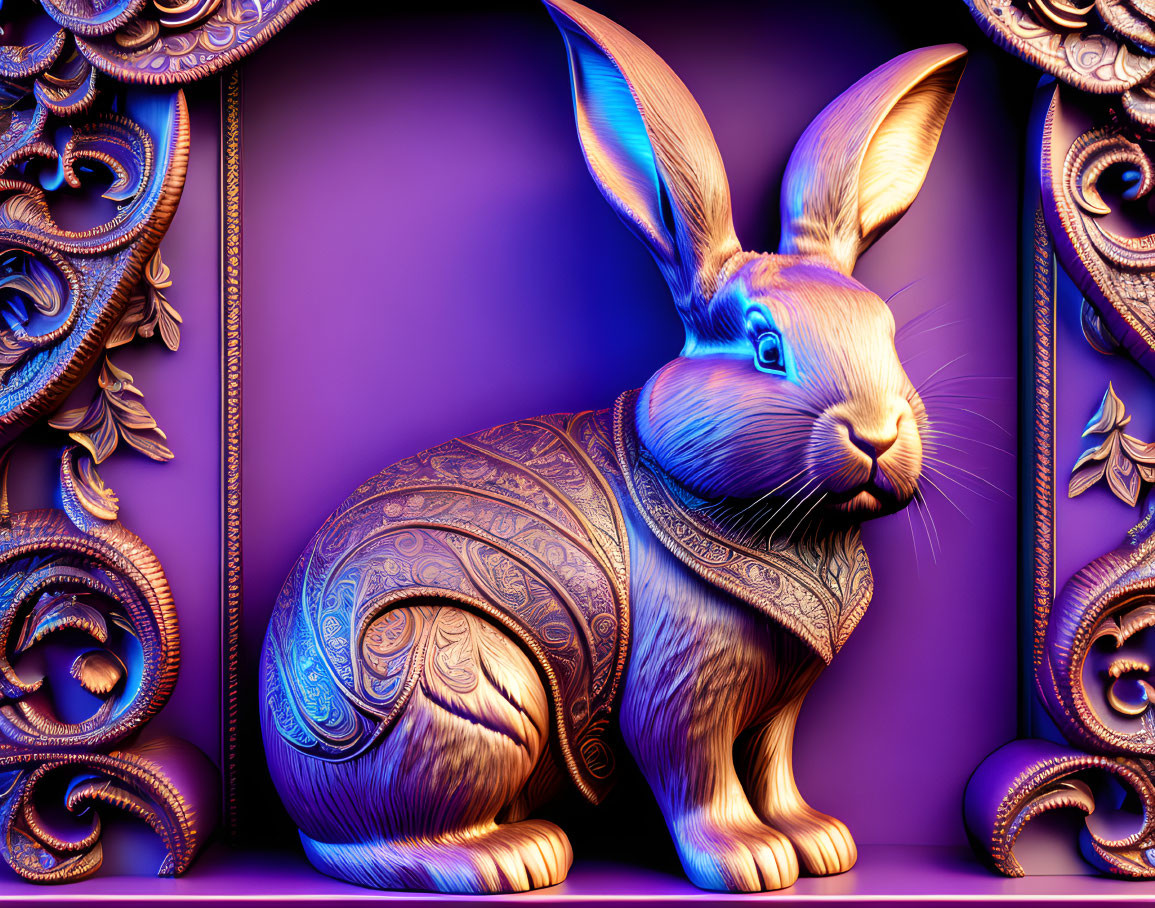 Ornate metallic rabbit in purple and gold color scheme with intricate patterns