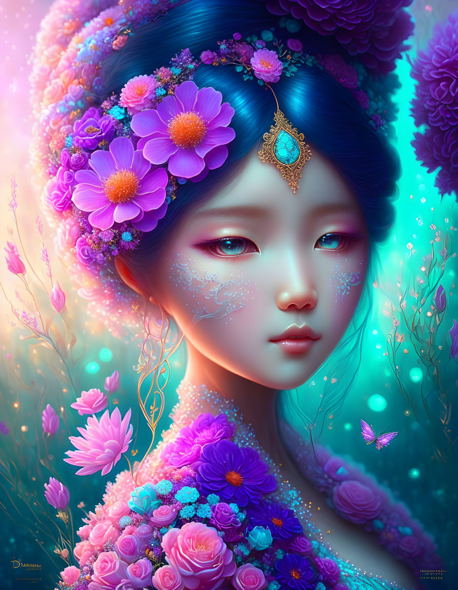 Colorful figure with floral adornments in whimsical style