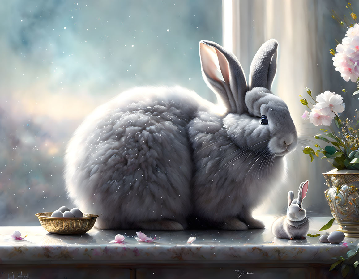 Fluffy rabbit with miniature version, eggs, and pink petals under falling stars