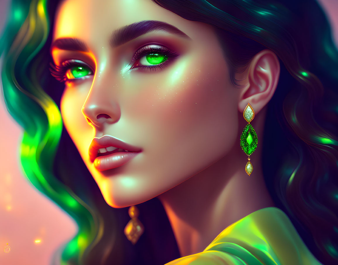 Vibrant green hair, emerald eyes, glowing skin: digital portrait of a woman