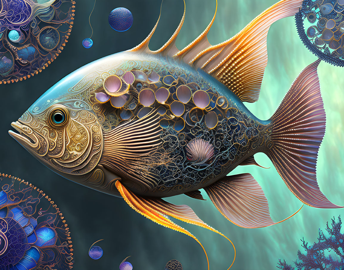 Colorful digital artwork of ornate fish with intricate patterns and textures surrounded by bubbles and coral elements