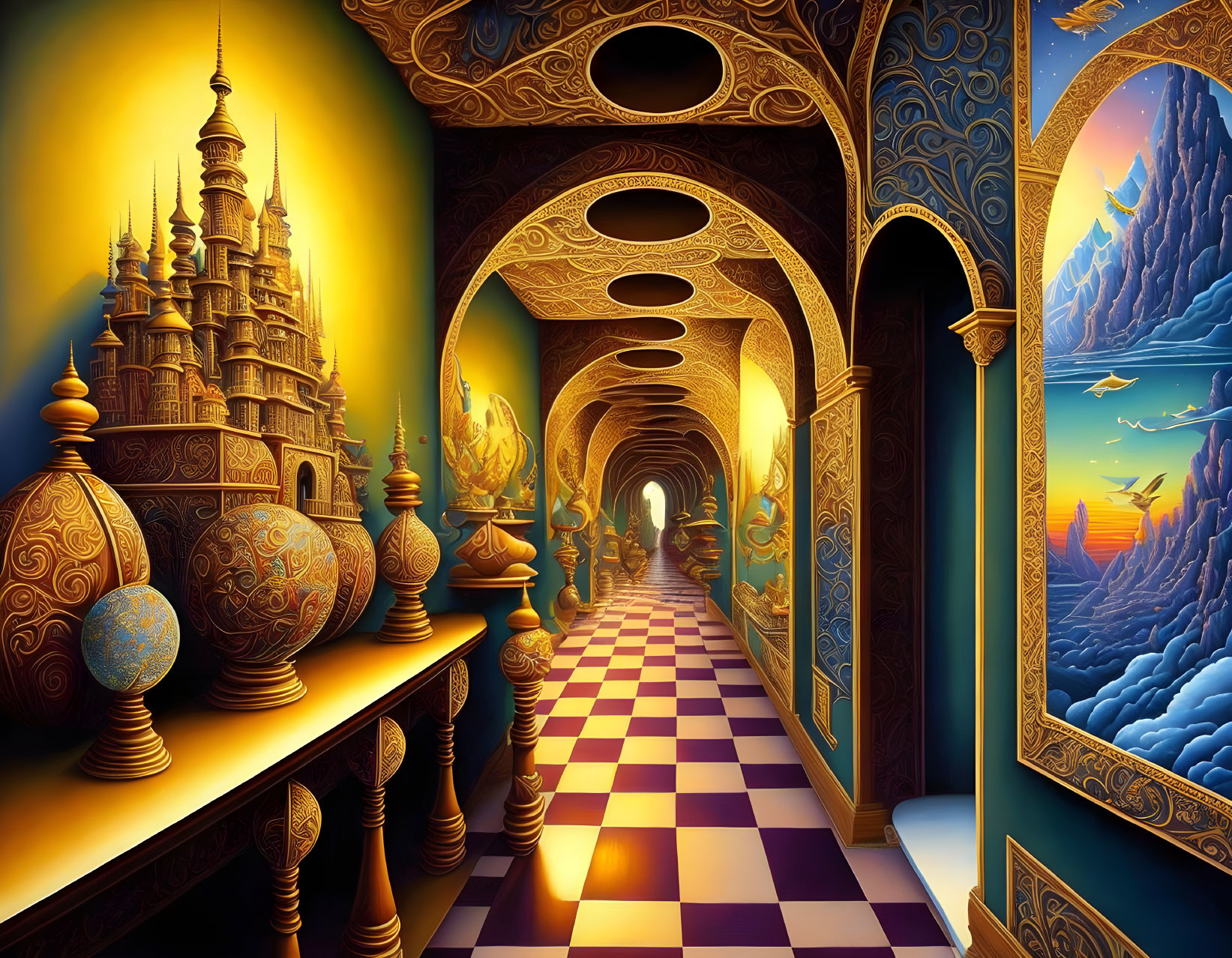 Checkerboard Flooring & Golden Arches in Vibrant Castle Corridor