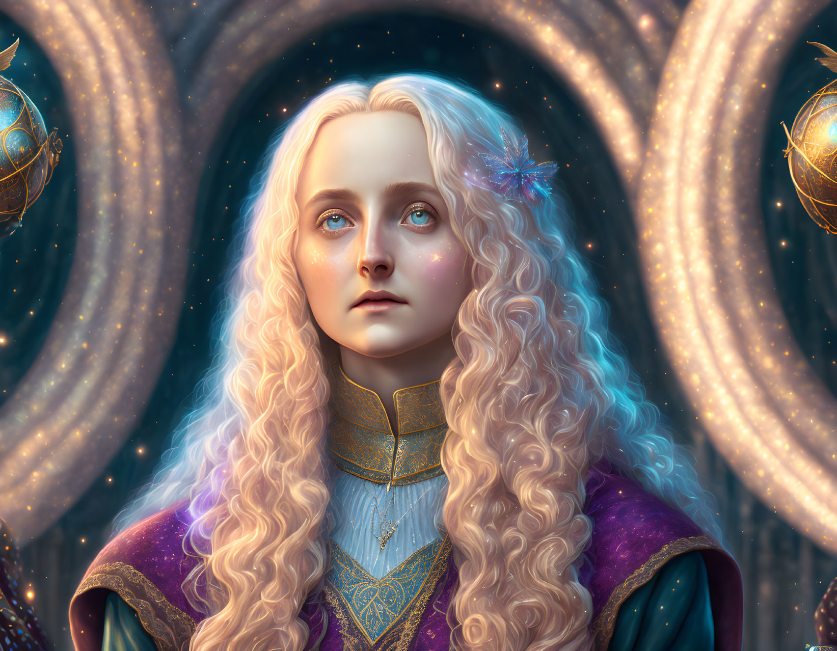 Celestial portrait of person with wavy blond hair and blue eyes surrounded by golden orbs and cosmic swirl