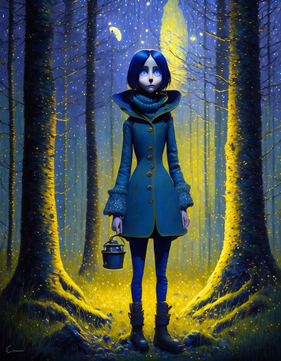 Dark-haired girl in glowing blue forest with lantern under crescent moon