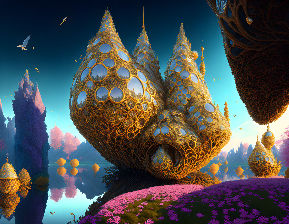 Golden ornate structures in fantastical landscape with vibrant flora under clear blue sky