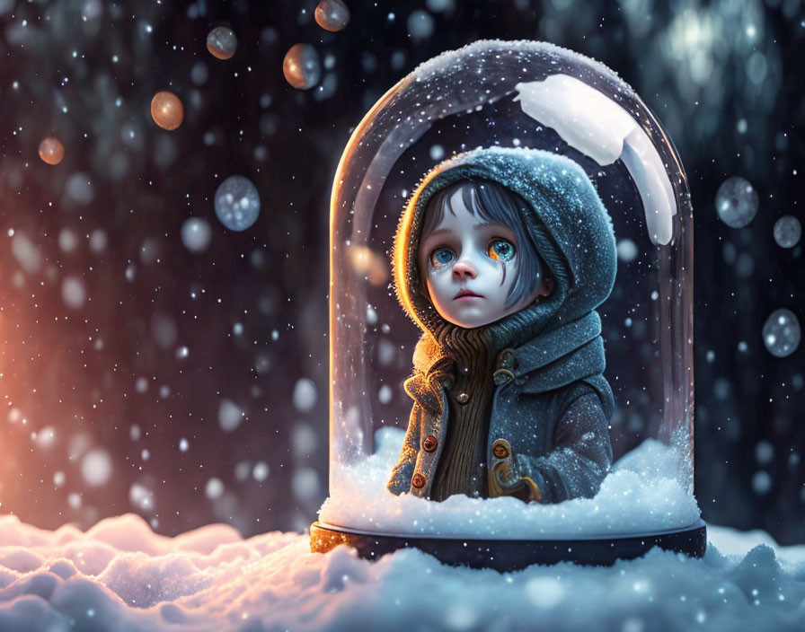 Child in winter coat inside snow globe with falling snowflakes at twilight