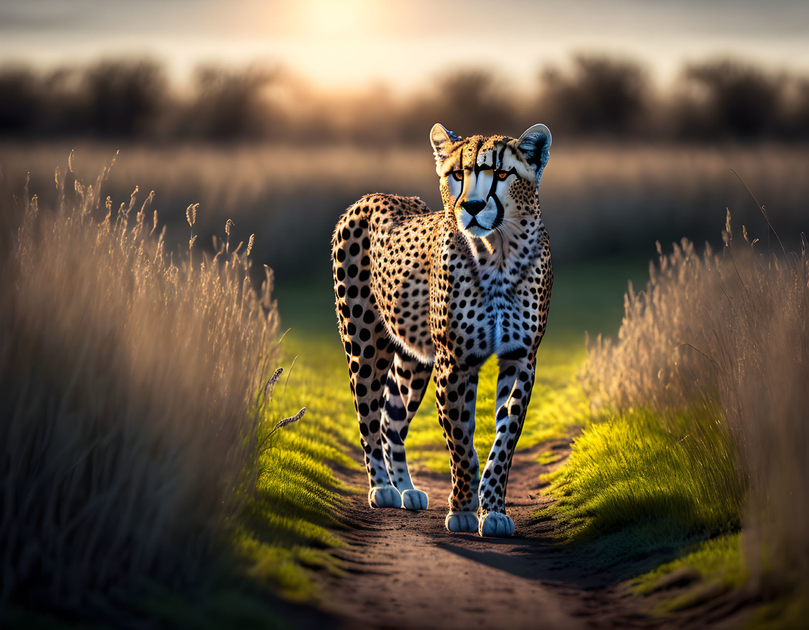 Cheetah in tall grass at sunset on dirt path