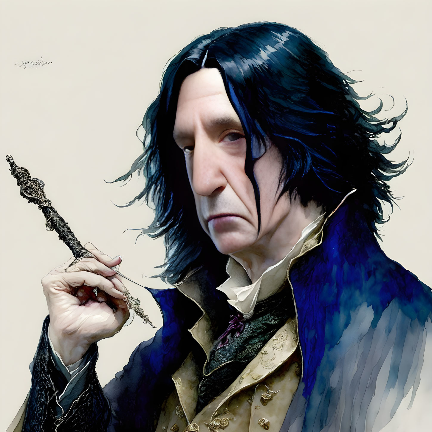 Long-haired man in dark robes with wand, prominent nose.