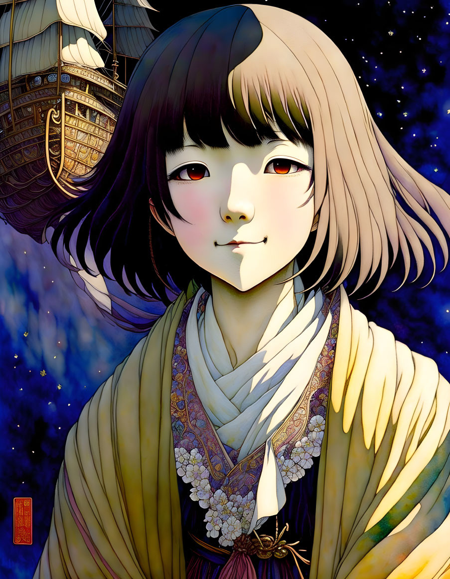 Illustration of young woman in Japanese attire under starry sky with sailing ship