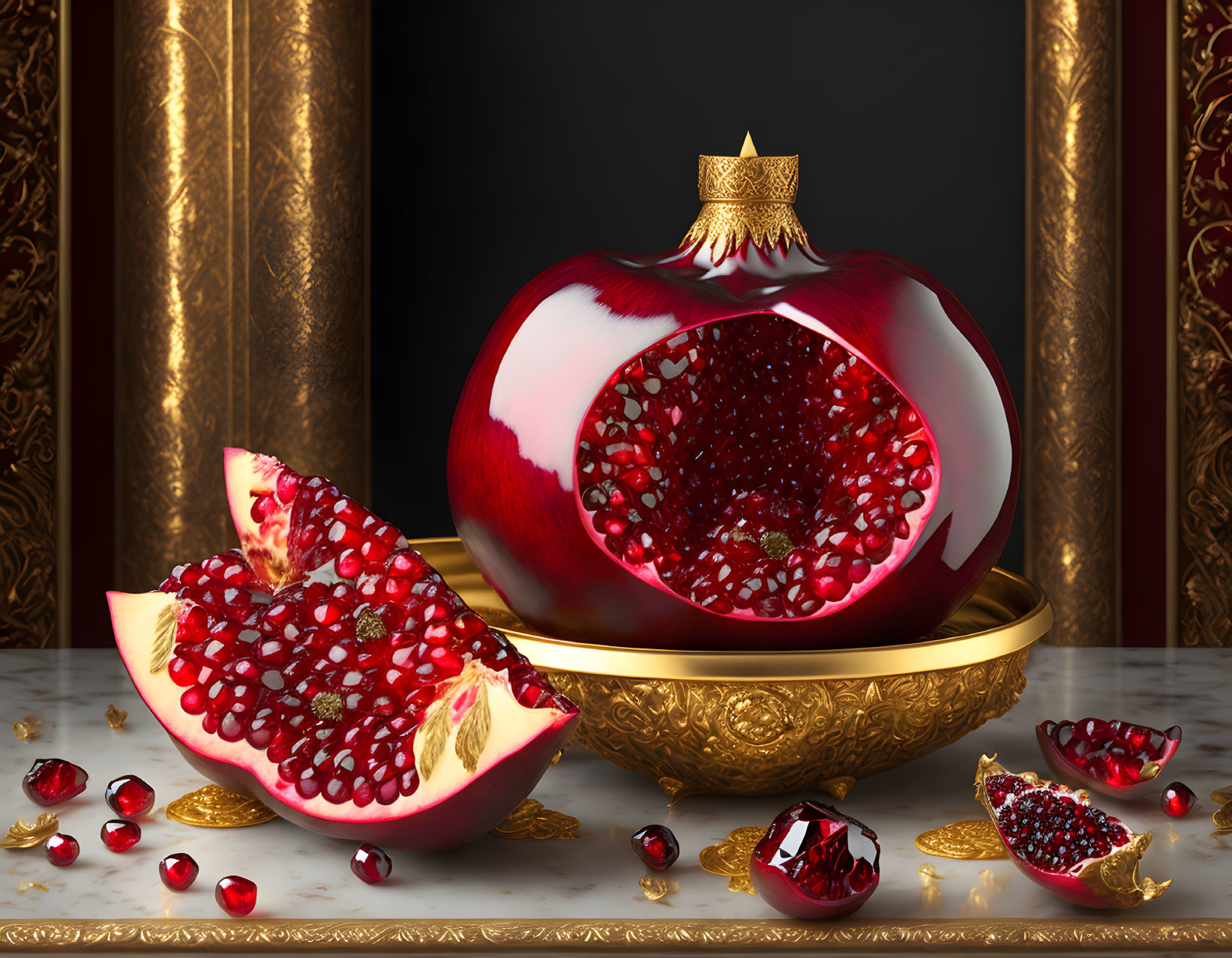 Luxurious 3D Golden Pomegranate Illustration on Tray with Ruby-like Seeds