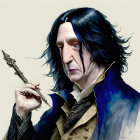 Long-haired man in dark robes with wand, prominent nose.