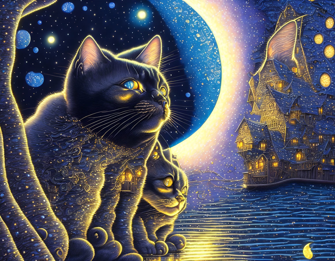 Whimsical black cats under starry night sky with crescent moon