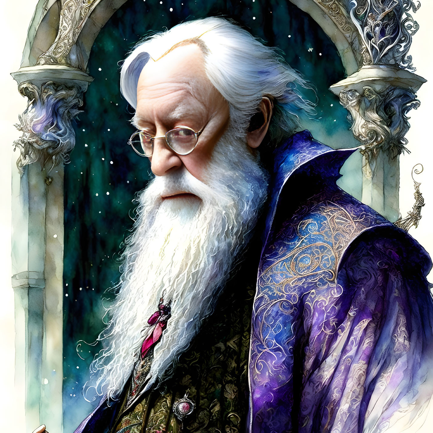 Elderly wizard illustration in purple cloak with cosmic backdrop