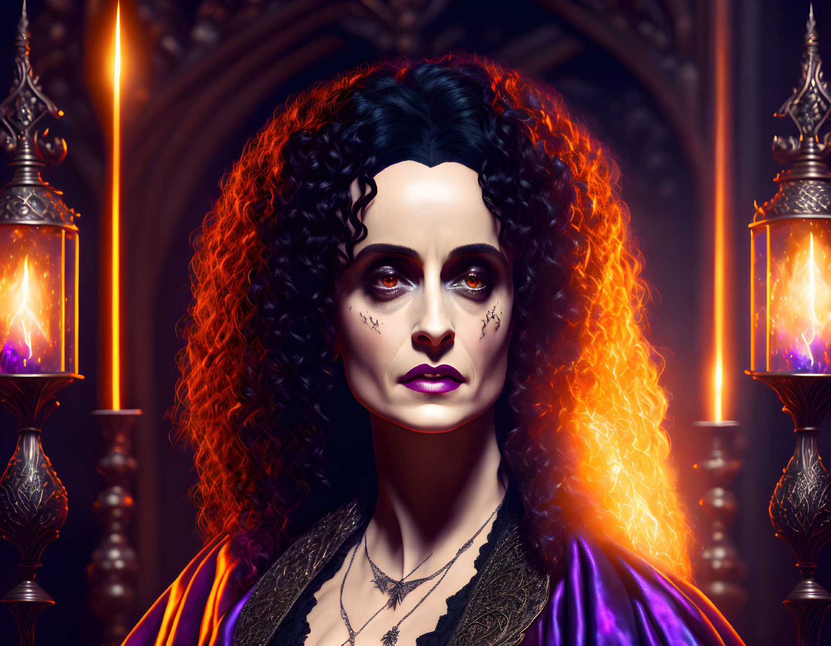 Detailed digital portrait of woman with curly hair, pale skin, and gothic makeup in dimly-l