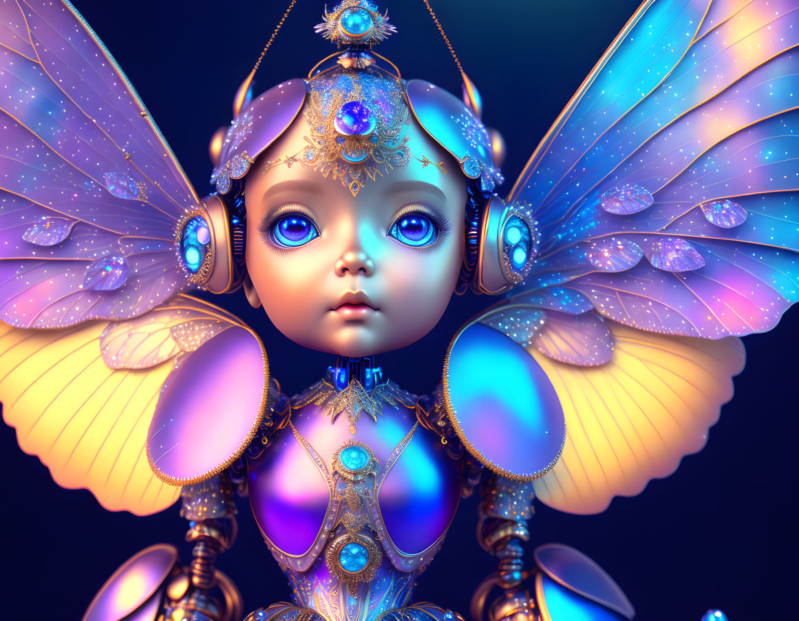 Fantasy mechanical doll with butterfly wings and jeweled adornments