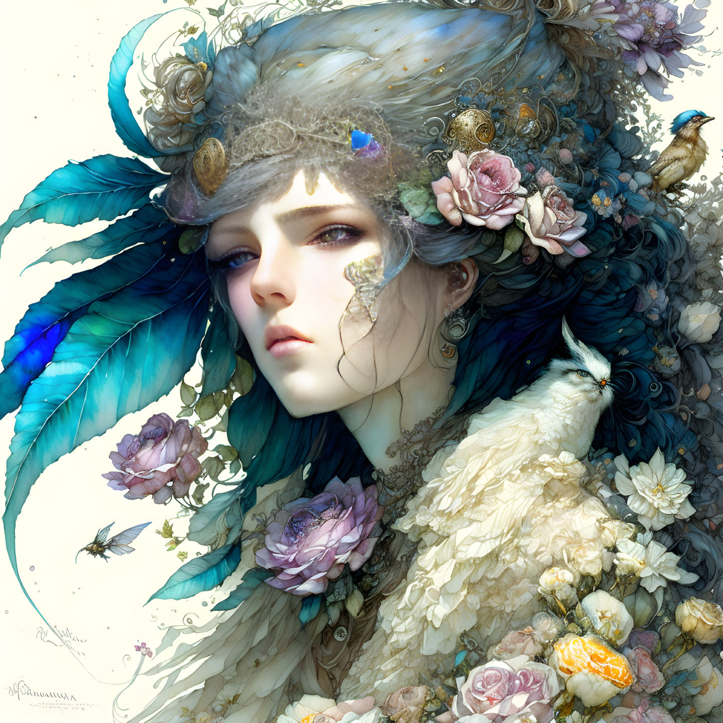 Portrait of Woman with Feathers, Flowers, and Butterflies in Fantasy Theme