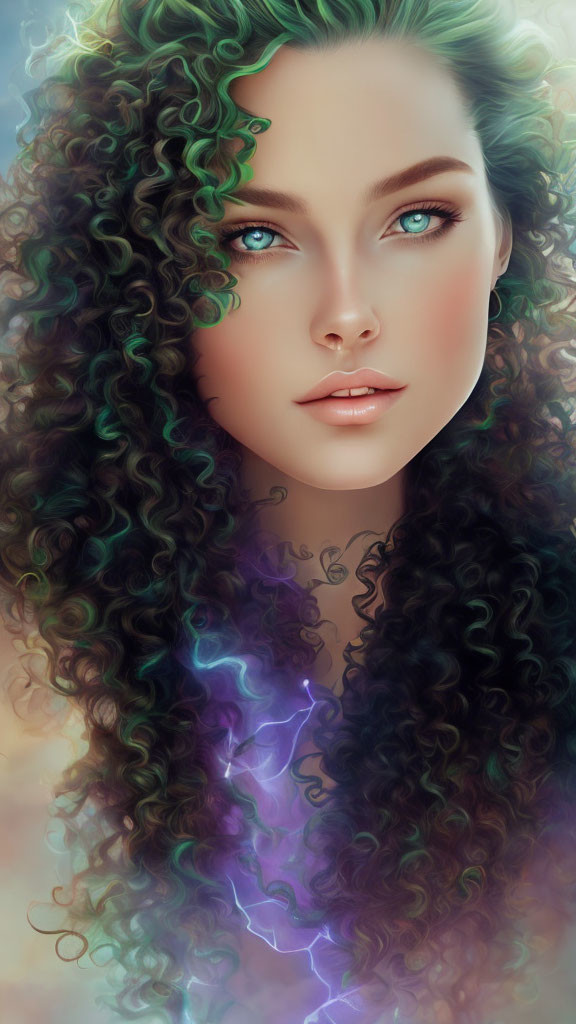 Portrait of woman with curly hair and blue eyes, purple lightning effect near neck.