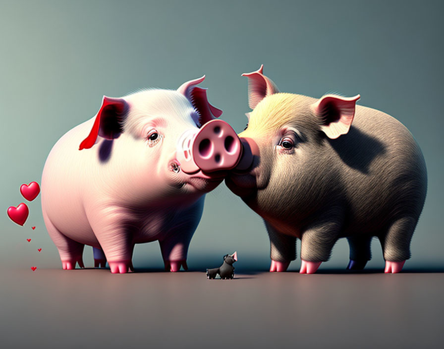 Cartoonish pigs touching noses with piglet in loving family scene