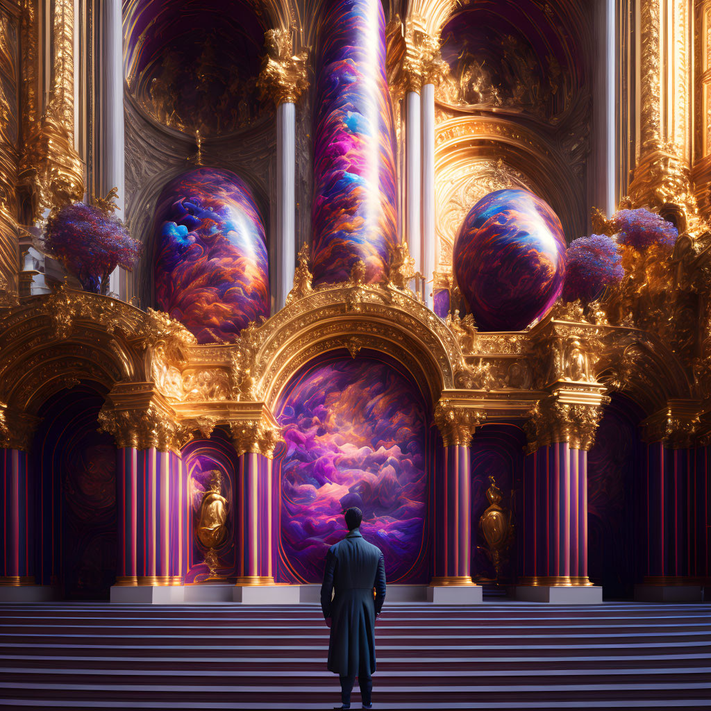 Grandiose Hall with Cosmic Orbs and Baroque Aesthetic