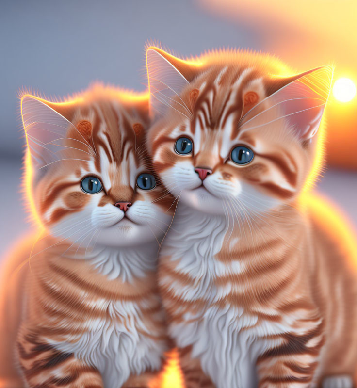 Two Orange Tabby Kittens with Blue Eyes Snuggling at Dusk